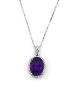 14K White Gold Diamond Amethyst Pendant Necklace