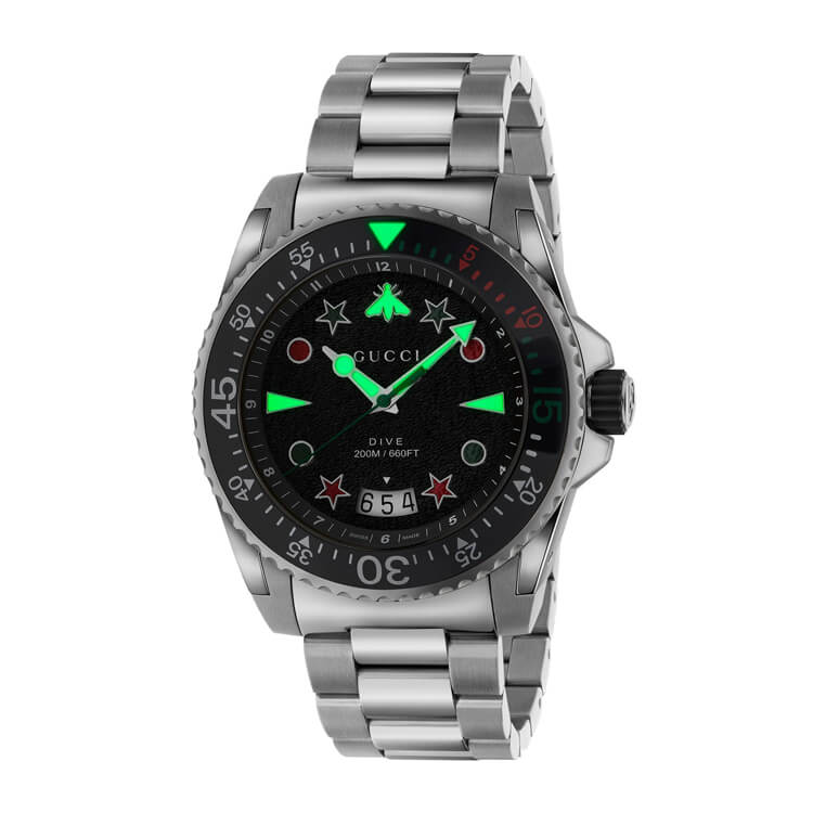 Gucci Dive 45mm Black Dial Stainless Steel Bracelet Quartz Men's Watch YA136221