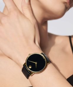 Movado Museum Classic Yellow Gold PVD Black Dial Black Leather Strap 0607271 - Image 4