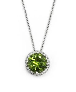 Peridot Necklace, 14K Gold Peridot & Diamonds Pendant Necklace