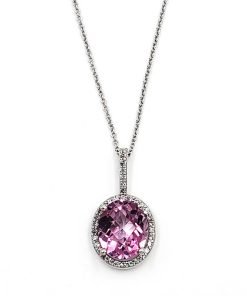 14K White Gold Diamond Pink Topaz Pendant Necklace