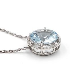 14K White Gold Blue Topaz and Diamond Pendants Necklaces