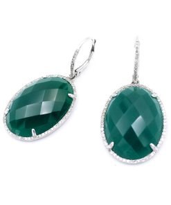 14K White Gold Green Agate & Diamond Drop Earrings