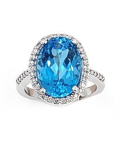 14K White Gold Blue Topaz & Diamond Ring