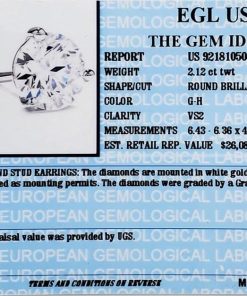 2.12 carat diamond stud earrings by EGL USA