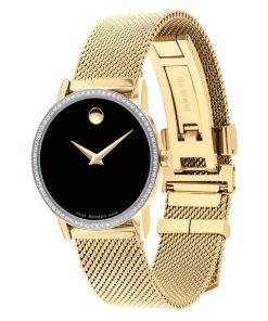 Movado Yellow Gold PVD Black Dial Diamond Bezel Ladies Watch 0607606