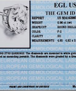 0.96 Carat Round Stud Earrings, F-G, SI1