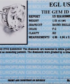 1.01 Carat Round Brilliant Diamond Stud Earrings, SI2, F-G, US924163009D