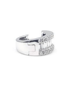 18K White Gold Round and Baguette Diamond Huggie Earrings