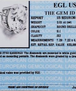3.01 Carat Tacori Diamond Stud Earrings, H-I, SI2