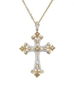 Two Tone Diamond Cross Pendant Necklace