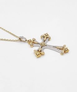 Two Tone 14K White & Yellow Gold Diamond Cross Pendant Necklace