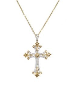 14K White & Yellow Gold Diamond Cross Pendant Necklace