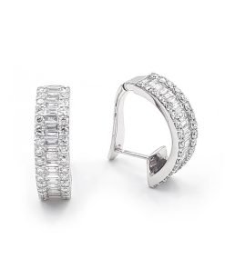 14K White Gold Round & Baguette Diamond Huggie / Hoop Earrings
