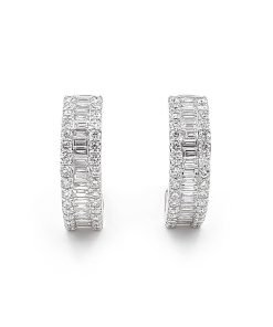 14K White Gold Round & Baguette Diamond Huggie / Hoop Earrings