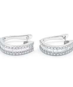 14K White Gold Round & Baguette Diamond Huggie / Hoop Earrings