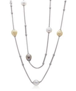 ALOR Grey Chain & Cable Multi-Colored South Sea Pearl Station Necklace 08-32-P808-03