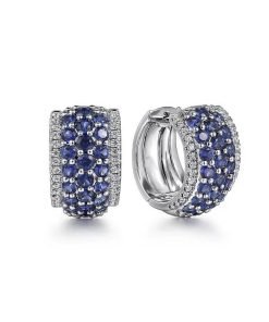 Gabriel 14K White Gold Wide Diamond and Blue Sapphire Huggie Earrings EG14837W45SA