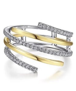 Gabriel 14K White & Yellow Gold Plain and Diamond Row Statement Ring LR51560M45JJ