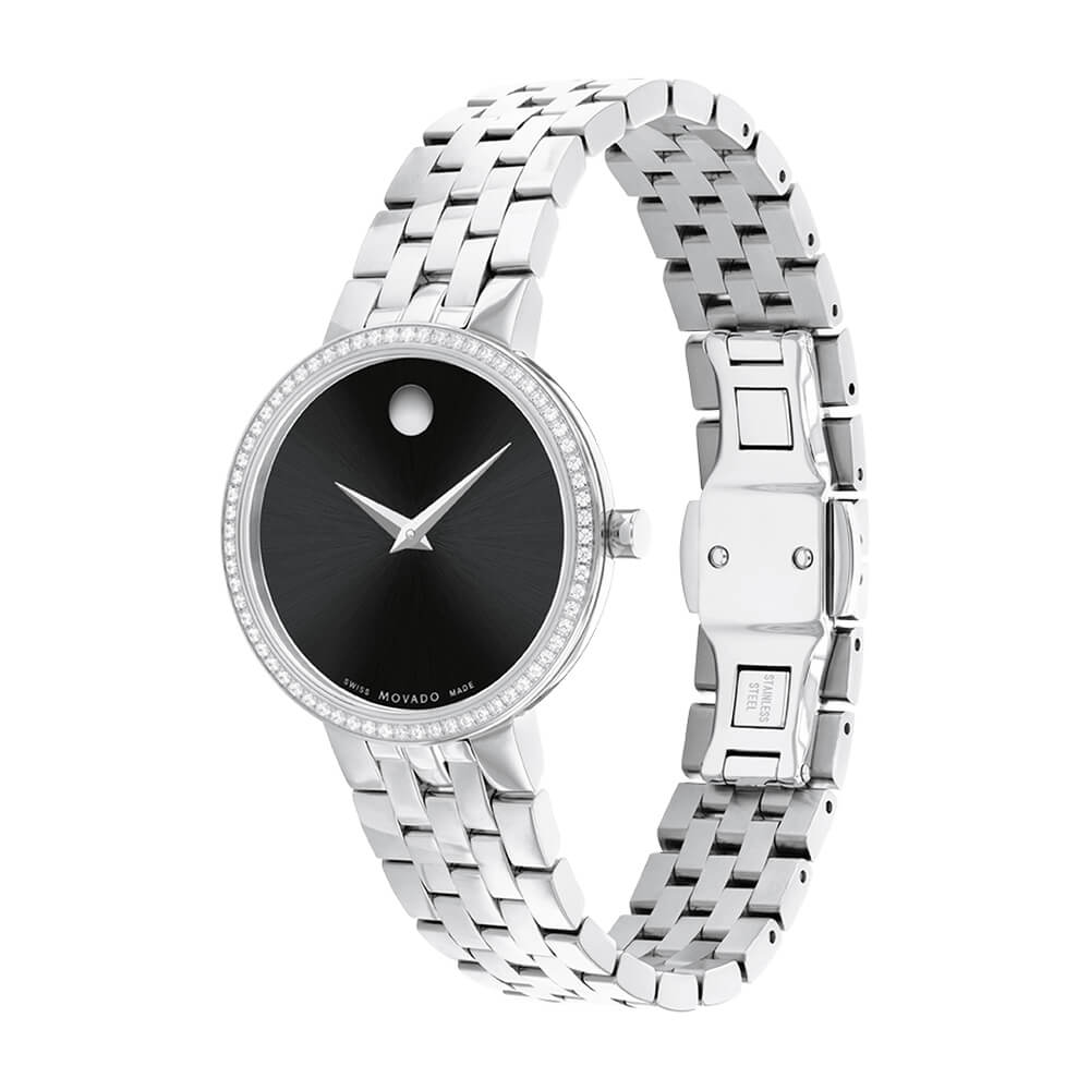 Movado Museum Classic Black Dial Diamond Stainless Steel Women's Watch 0607814