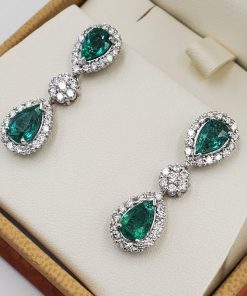 14K White Gold Diamond and Pear Shape Emerald Earrings