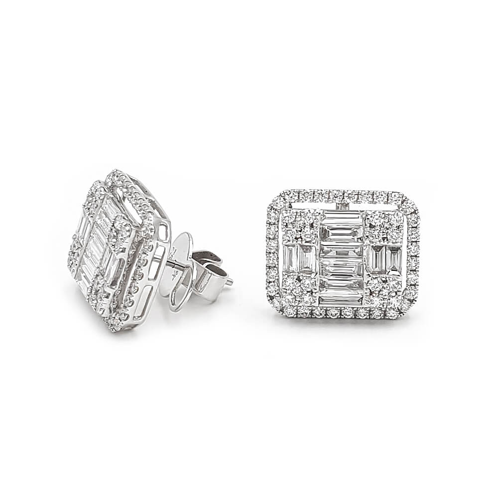 Round and Baguette Diamond Stud Earrings in 18K White Gold