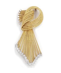 Estate 18K Yellow Gold Diamond Scarf Brooch