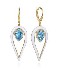 Gabriel & Co. 14K Yellow Gold Diamond & Blue Topaz Long Pear Shape Drop Earrings with White Enamel EG14988E9Y45BT