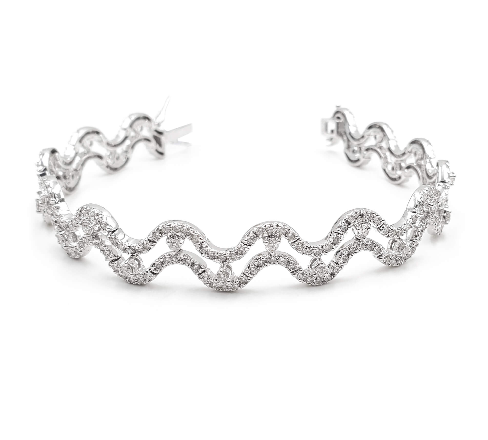 14K White Gold Wave Design Diamond Bracelet for Women