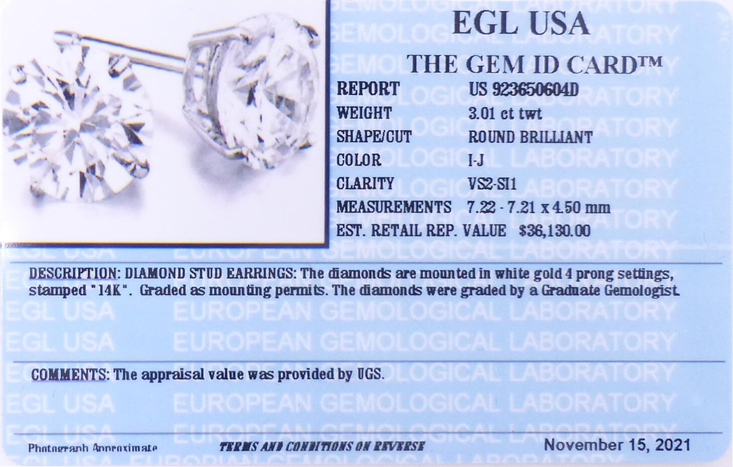 3.01Ct Round Brilliant Cut Diamond Stud Earrings, VS2-SI1 Clarity, I-J Color, mounted in 14K White Gold 4-Prong Settings, EGL USA US923650604D
