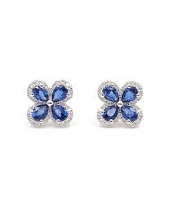 18K White Gold Flower Design Diamond Sapphire Stud Earrings