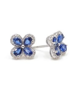 18K White Gold Flower Design Diamond Sapphire Stud Earrings