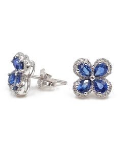 18K White Gold Flower Design Diamond Sapphire Stud Earrings