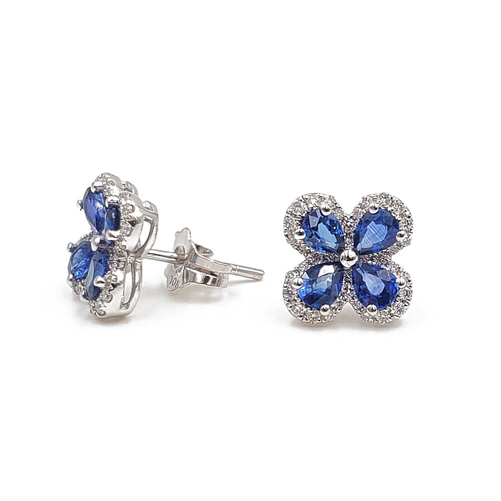 18K White Gold Flower Design Diamond Sapphire Stud Earrings