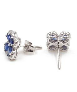 18K White Gold Flower Design Diamond Sapphire Stud Earrings