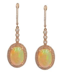 14K Rose Gold Diamond and Opal Drop / Dangle Earrings