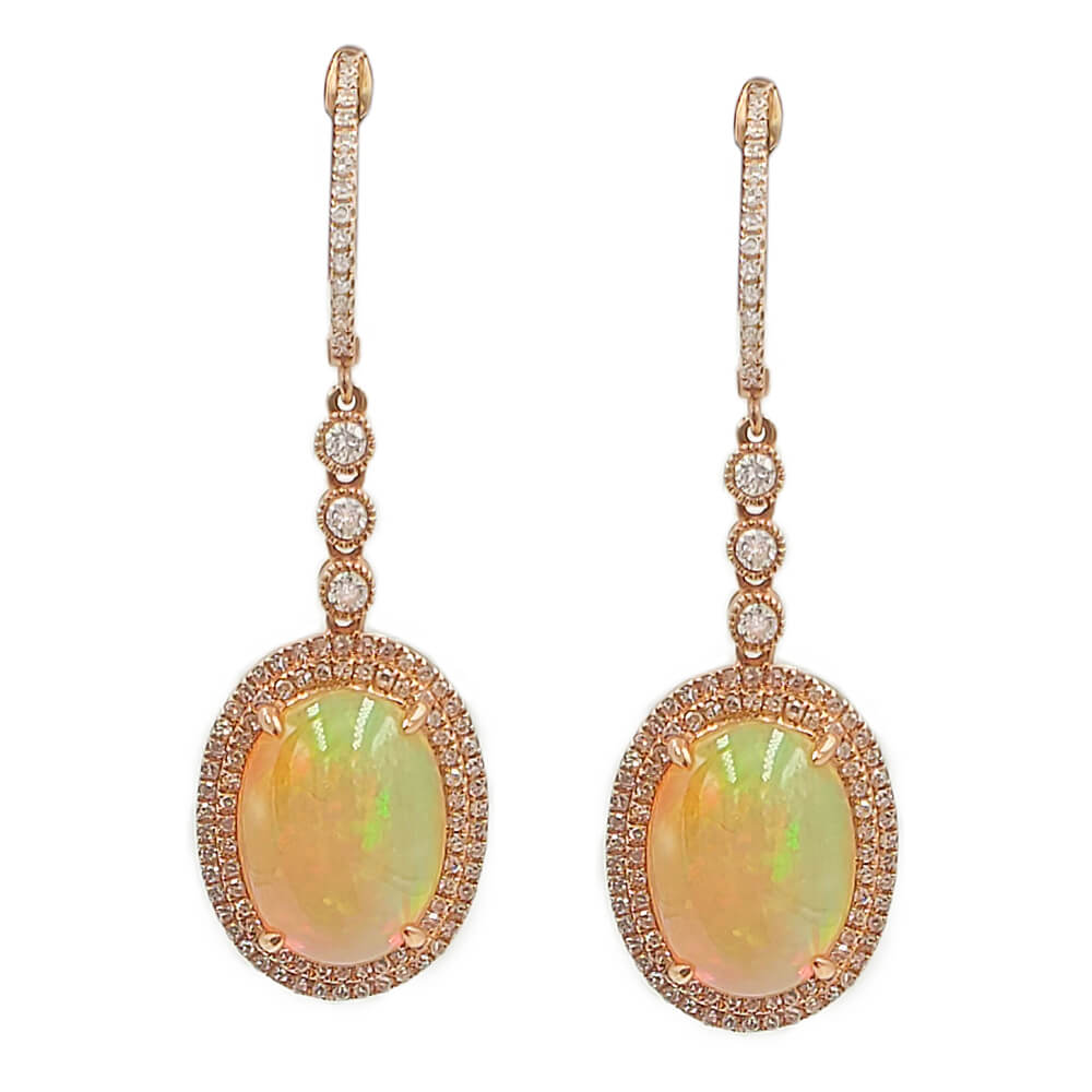 14K Rose Gold Diamond and Opal Drop / Dangle Earrings