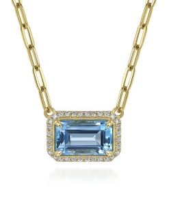 Gabriel 14K Yellow Gold Diamond Blue Topaz Emerald Cut Necklace NK7468Y45BT
