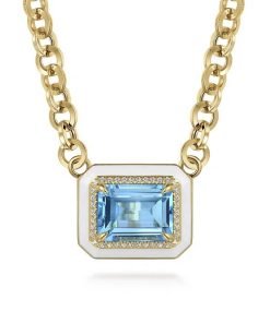 Gabriel 14K Yellow Gold Diamond and Blue Topaz Emerald Cut Necklace with White Enamel NK7471E9Y45BT
