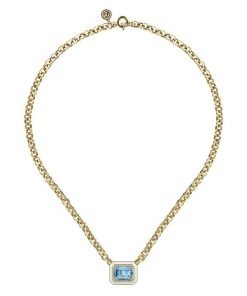 Gabriel 14K Yellow Gold Diamond and Blue Topaz Emerald Cut Necklace with White Enamel NK7471E9Y45BT