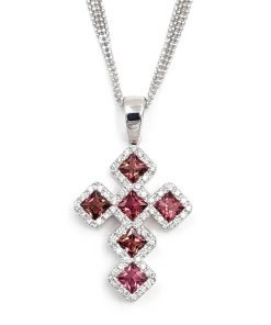 Estate 14K White Gold Pink Tourmaline and Diamond Cross Pendant Necklace