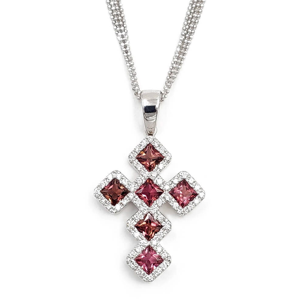 Estate 14K White Gold Pink Tourmaline and Diamond Cross Pendant Necklace