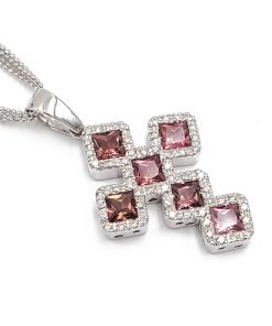 Estate 14K White Gold Pink Tourmaline and Diamond Cross Pendant Necklace