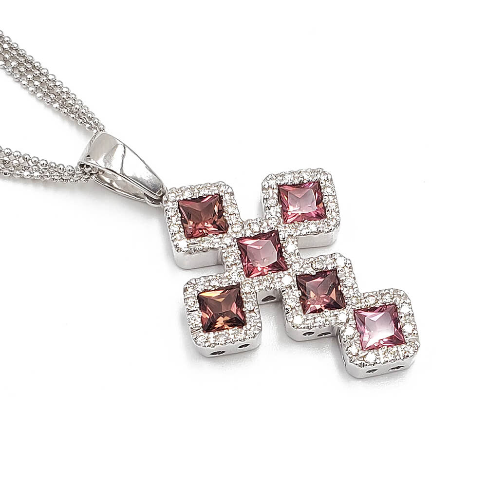 Estate 14K White Gold Pink Tourmaline and Diamond Cross Pendant Necklace