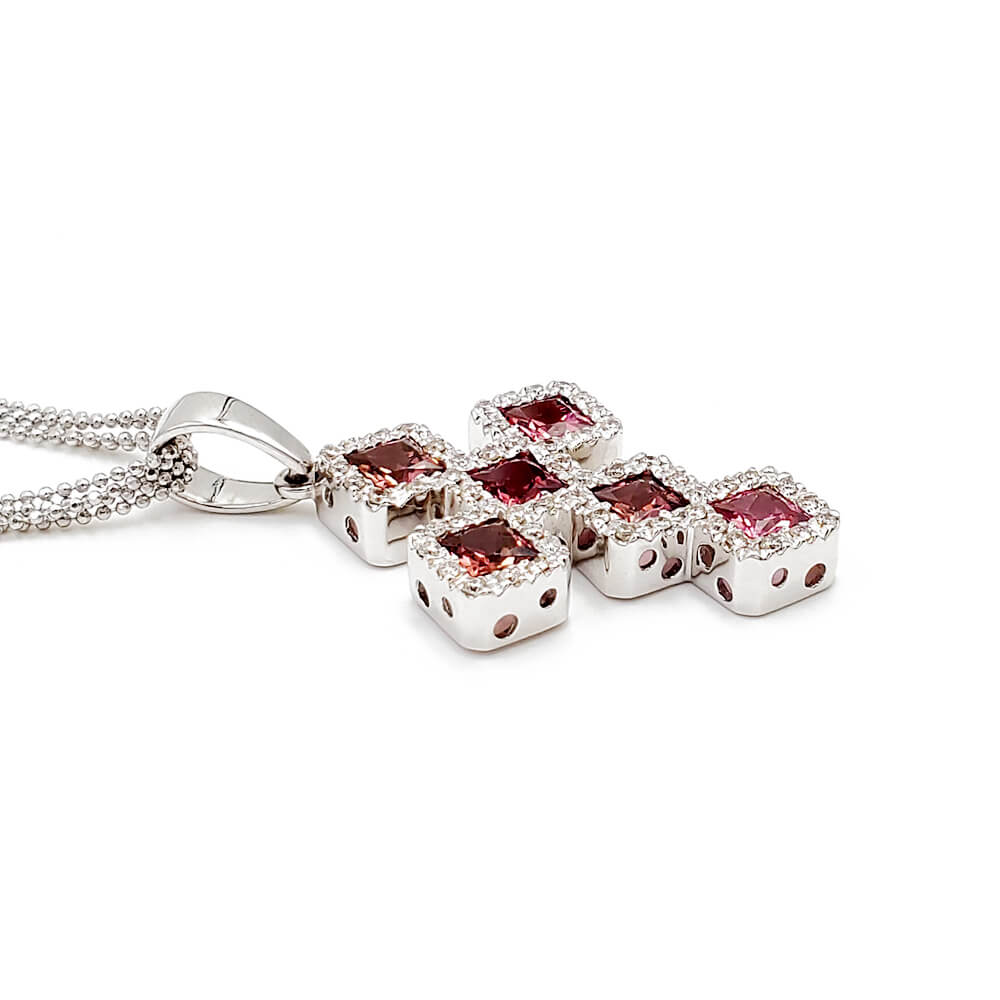 Estate 14K White Gold Pink Tourmaline and Diamond Cross Pendant Necklace