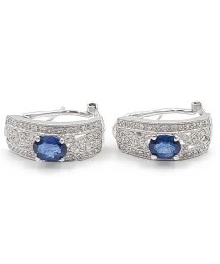 18K White Gold Diamond and Blue Sapphire Omega Back Earrings