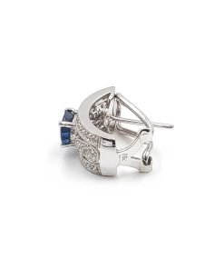 18K White Gold Diamond and Blue Sapphire Omega Back Earrings