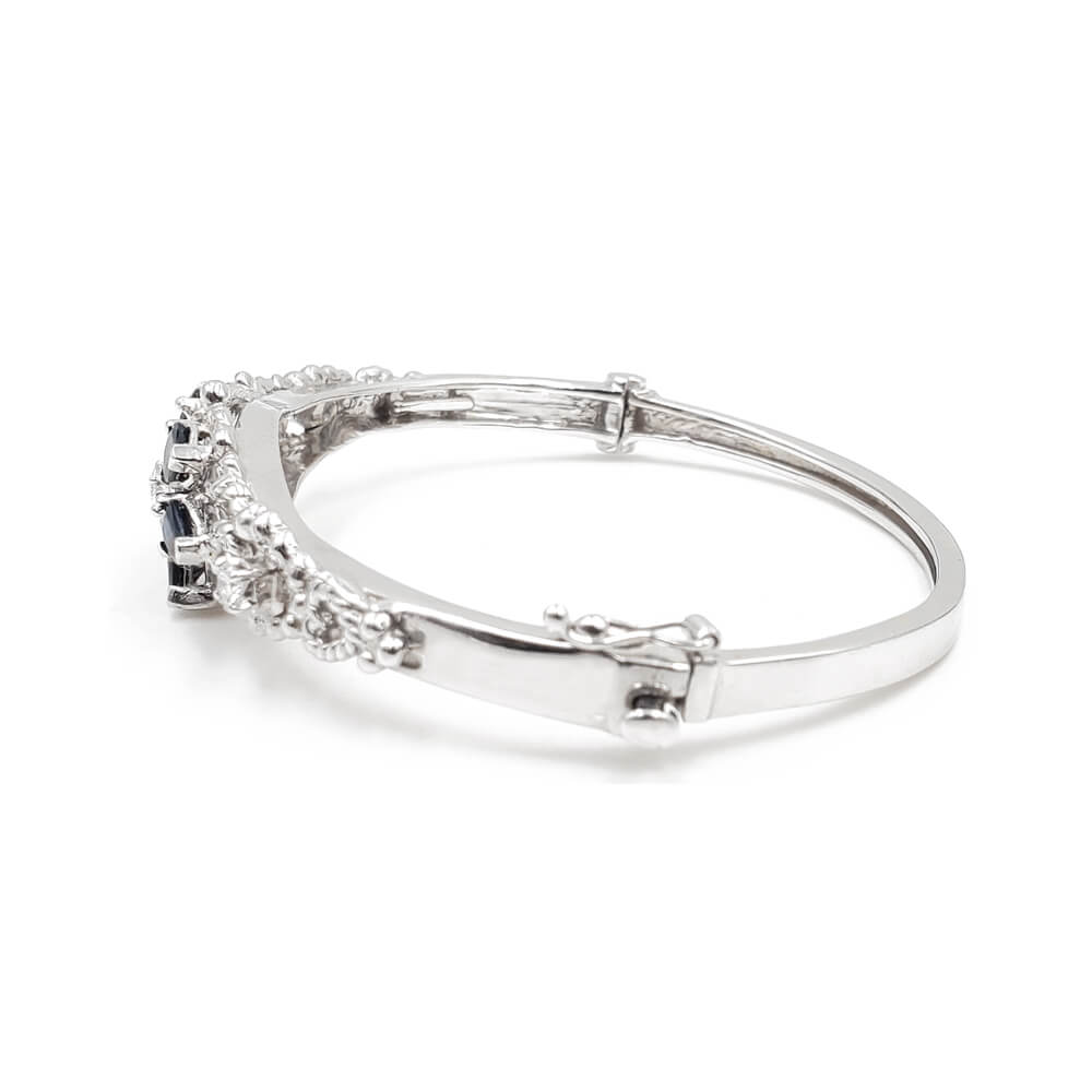 14K White Gold Blue Sapphire and Diamond Hinged Bangle Bracelet