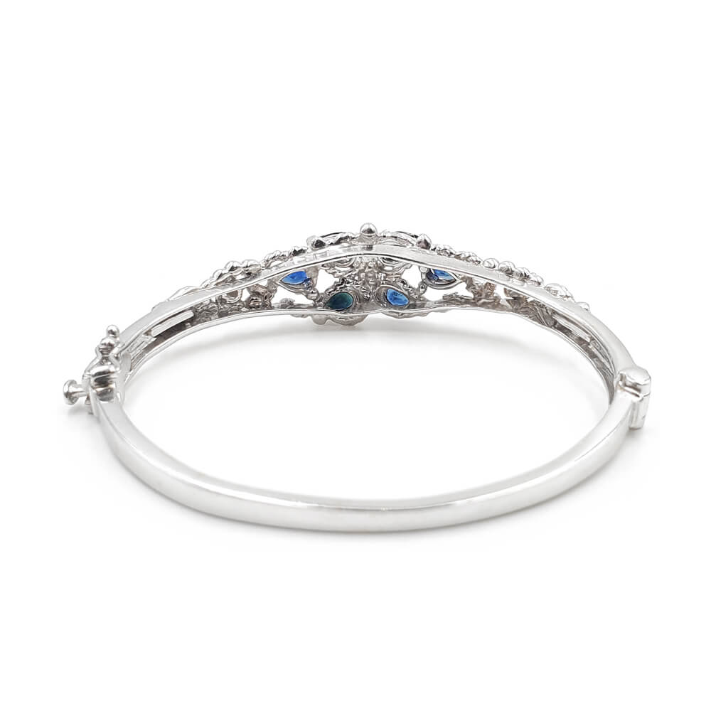 14K White Gold Blue Sapphire and Diamond Hinged Bangle Bracelet