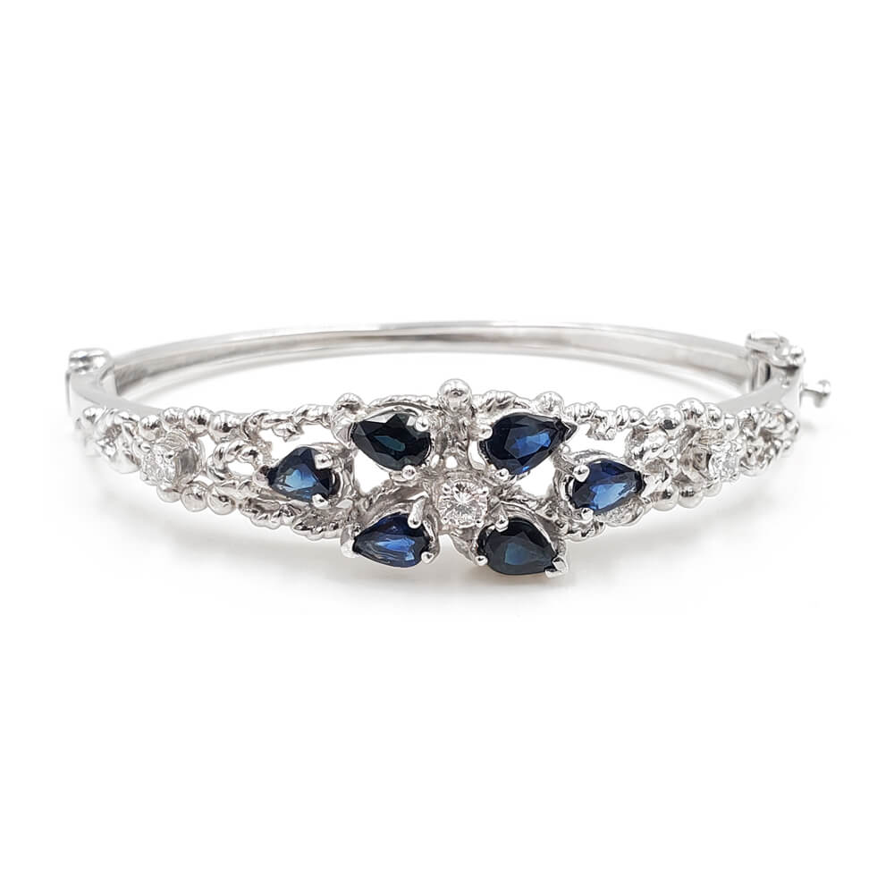 14K White Gold Blue Sapphire and Diamond Hinged Bangle Bracelet